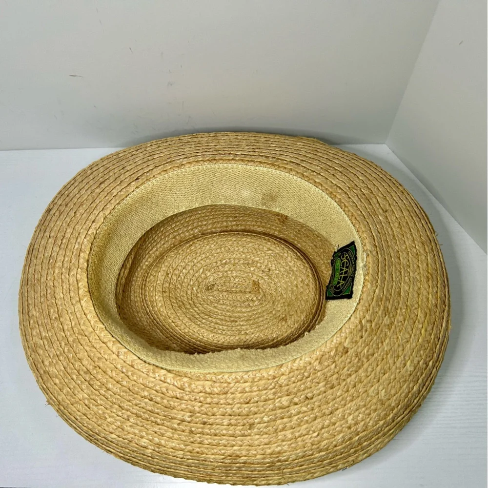 Scala Golf Beach Wide Brim Men's Tan Straw Hat Olive Green Ribbon Detail - Picture 5 of 9